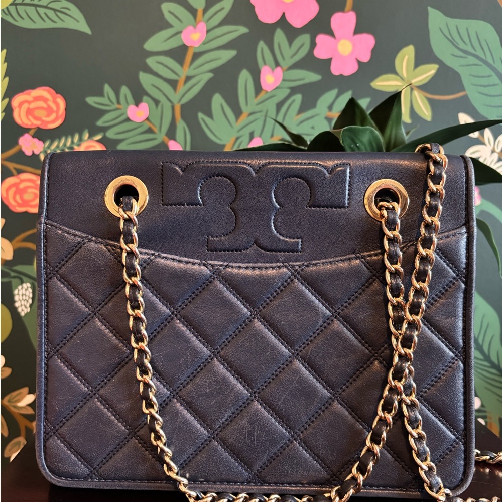 Tory Burch Navy Quilted Shoulder Bag with Gold Chain